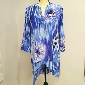 Chico's Tunic Top Asymmetrical 3/4 Sleeves Blue, White, Sequins Size 1 M…